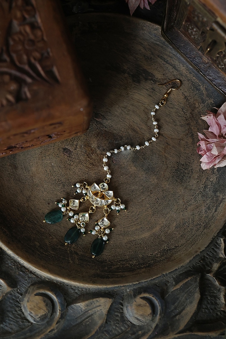 Gold Plated Kundan Polki & Green Stone Maang Tikka by Paisley Pop at Pernia's Pop Up Shop