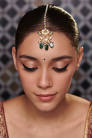 Gold Plated Kundan Polki & Green Stone Maang Tikka by Paisley Pop