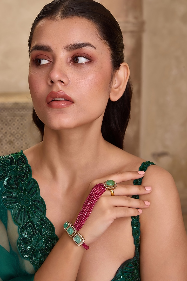 Gold Finish Mint & Pink Hydro Stone Adjustable Hathphool by Paisley Pop at Pernia's Pop Up Shop