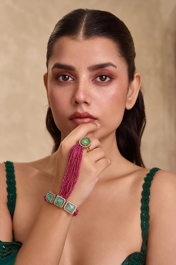 Gold Finish Mint & Pink Hydro Stone Adjustable Hathphool by Paisley Pop at Pernia's Pop Up Shop