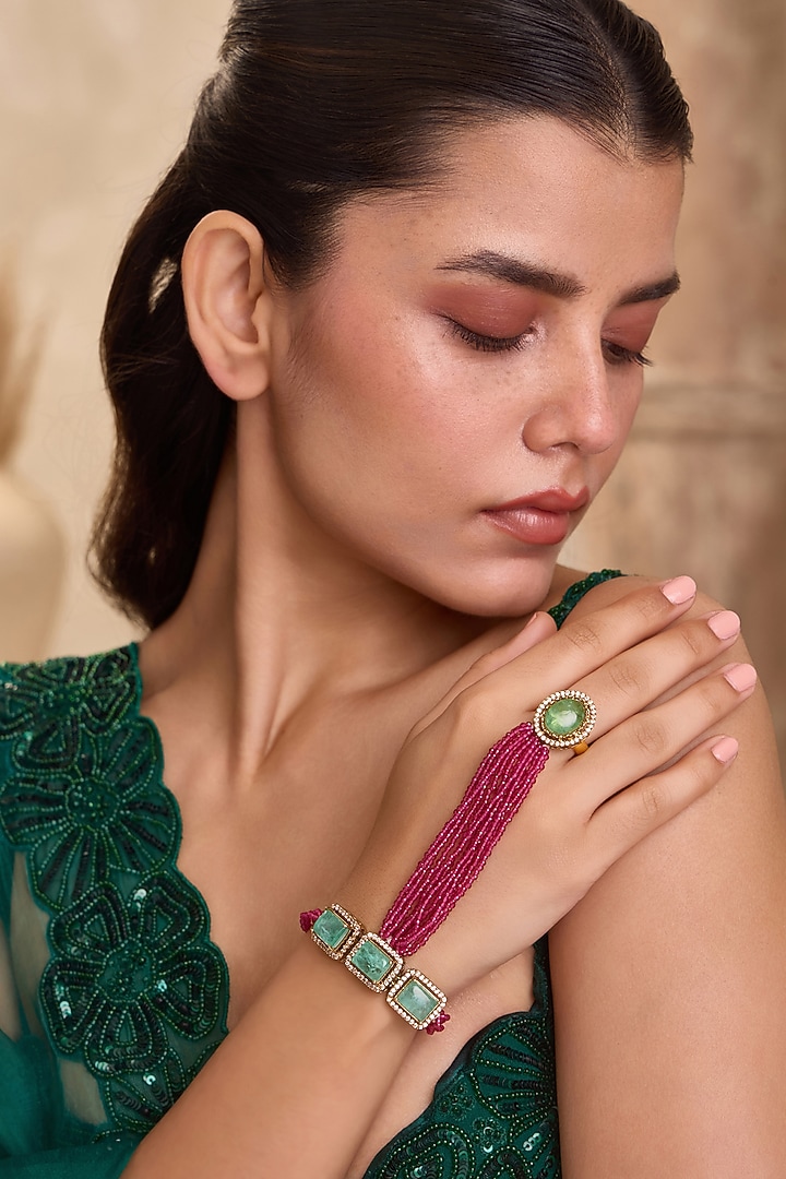 Gold Finish Mint & Pink Hydro Stone Adjustable Hathphool by Paisley Pop at Pernia's Pop Up Shop