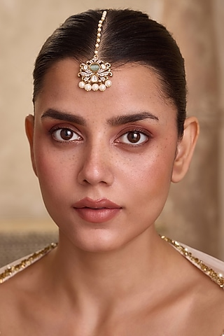 Gold Finish Mint Kundan Polki & Shell Pearl Maangtikka by Paisley Pop