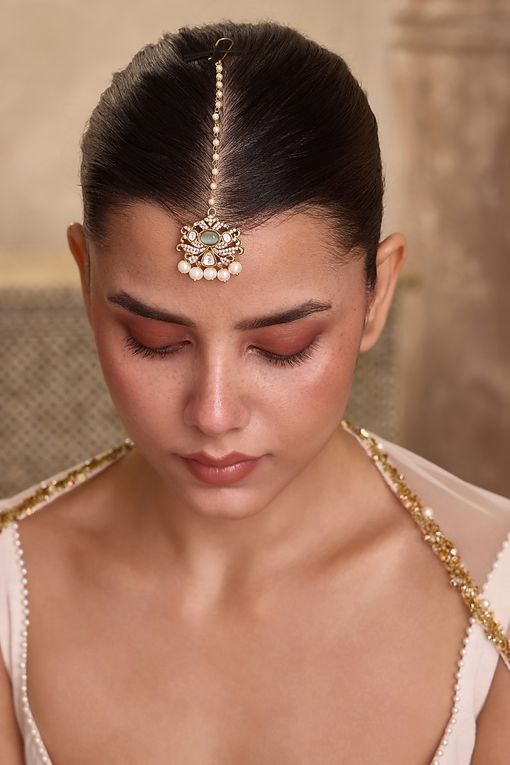 Gold Finish Mint Kundan Polki & Shell Pearl Maangtikka by Paisley Pop at Pernia's Pop Up Shop