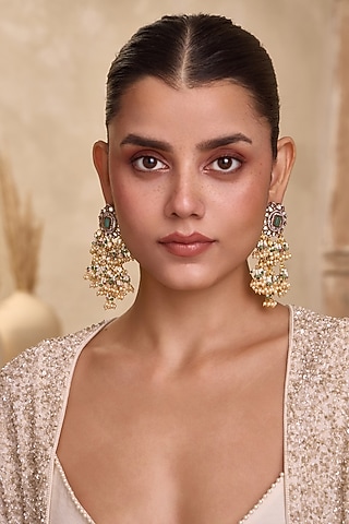 Gold Finish Kundan Polki & Mint Onyx Stone Dangler Earrings by Paisley Pop