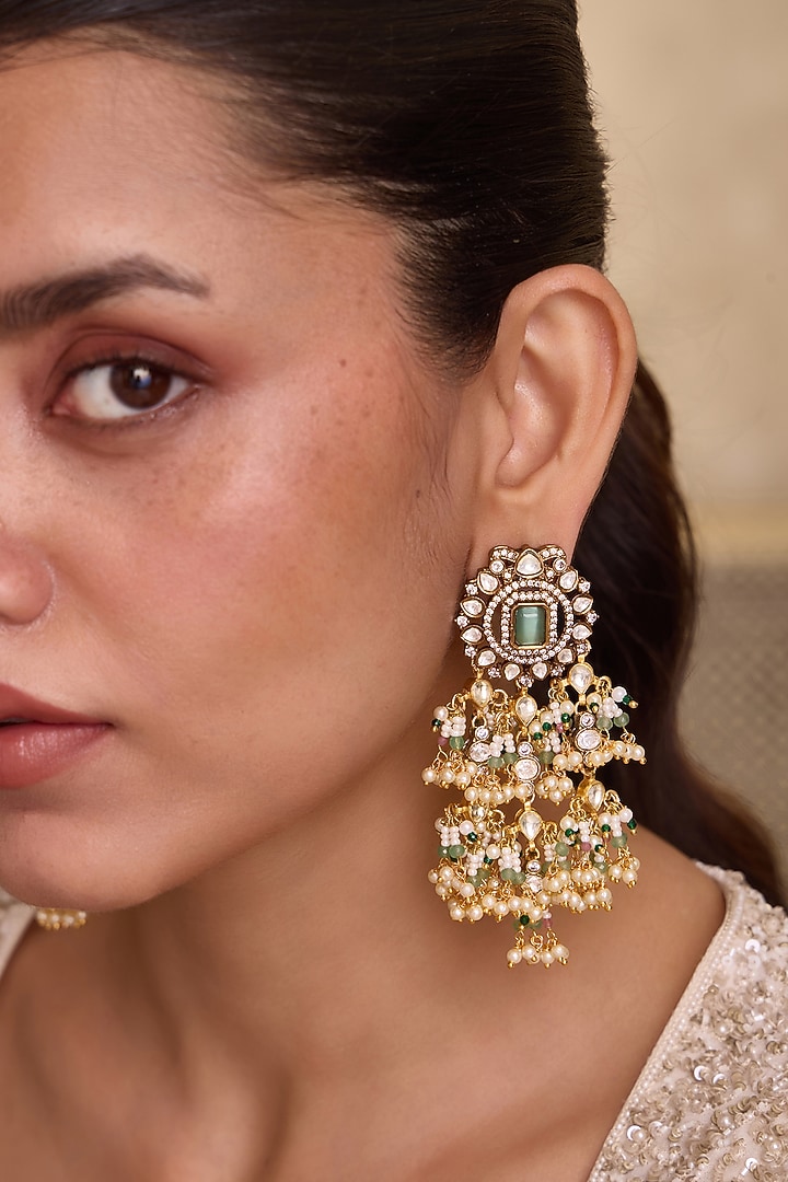 Gold Finish Kundan Polki & Mint Onyx Stone Dangler Earrings by Paisley Pop at Pernia's Pop Up Shop