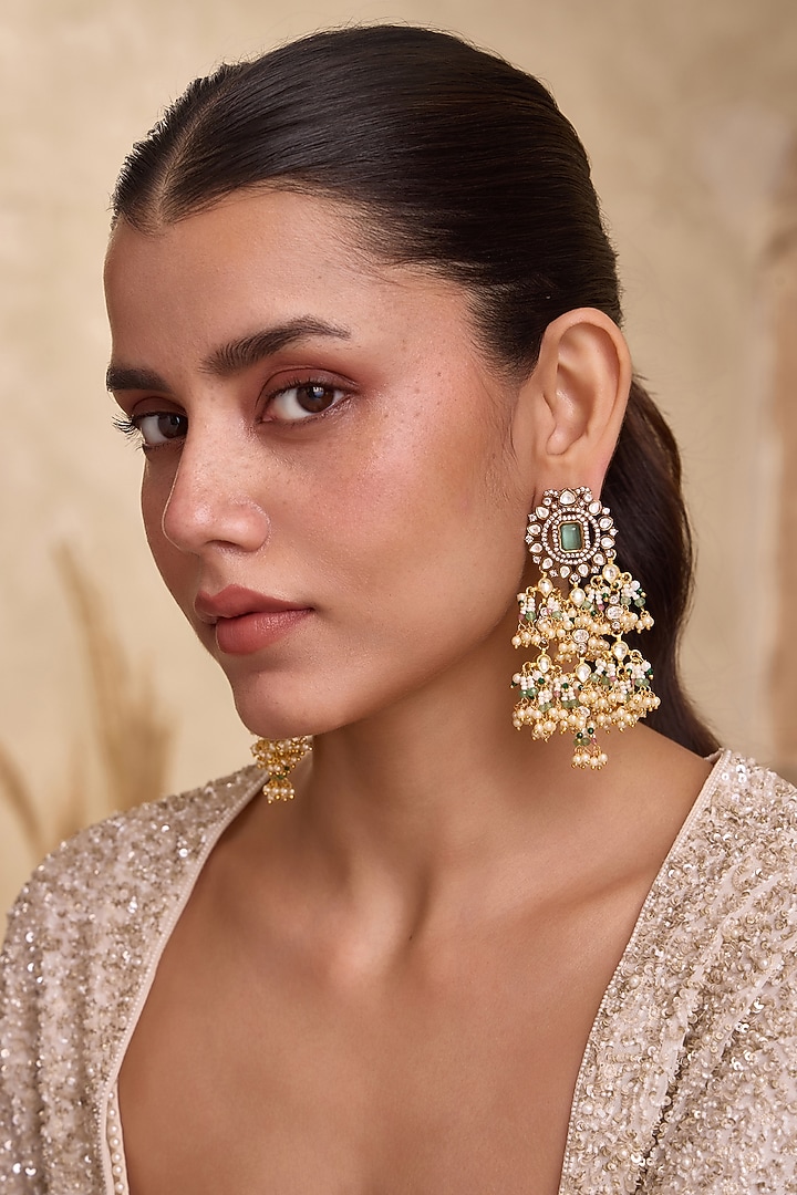 Gold Finish Kundan Polki & Mint Onyx Stone Dangler Earrings by Paisley Pop at Pernia's Pop Up Shop