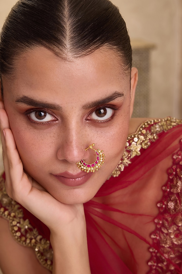 Gold Finish Kundan Polki & Red Stone Nose Pin by Paisley Pop at Pernia's Pop Up Shop