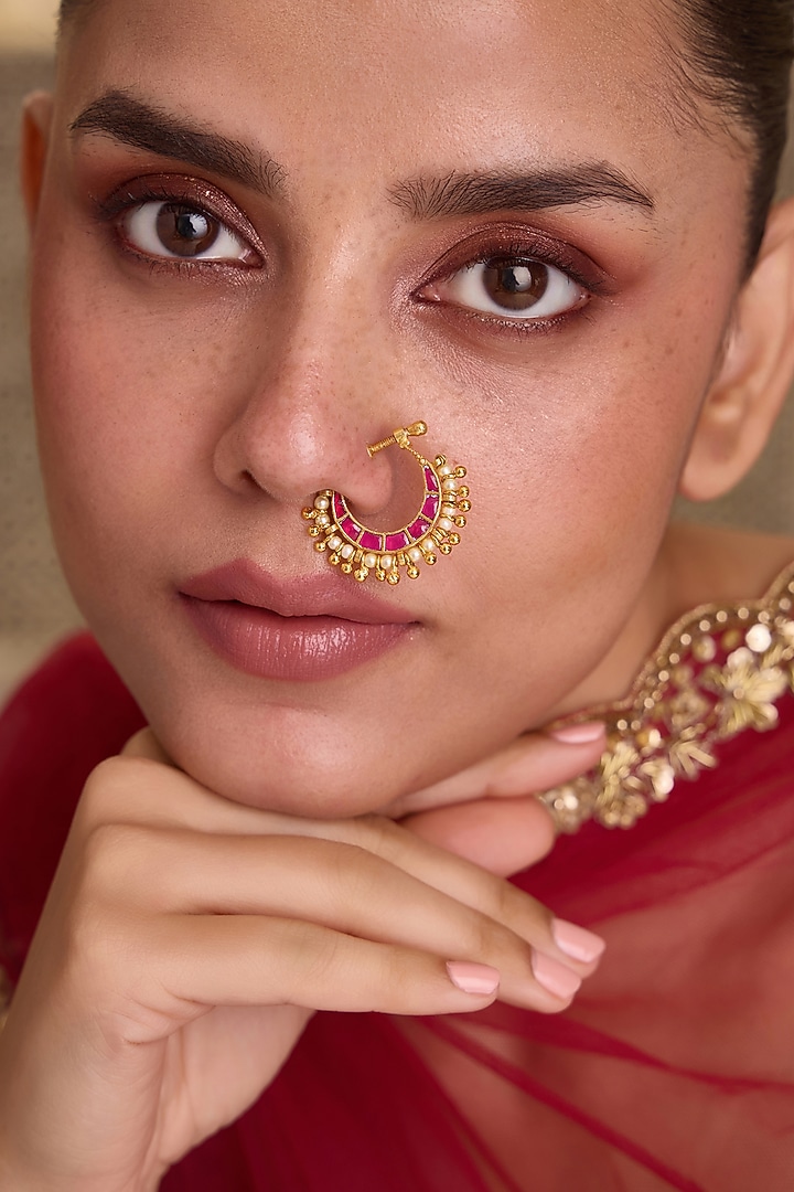 Gold Finish Kundan Polki & Red Stone Nose Pin by Paisley Pop at Pernia's Pop Up Shop