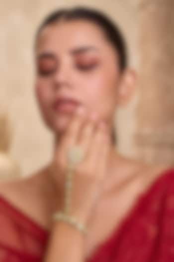 Gold Finish Mint Kundan Polki & Shell Pearl Adjustable Floral Hathphool by Paisley Pop at Pernia's Pop Up Shop