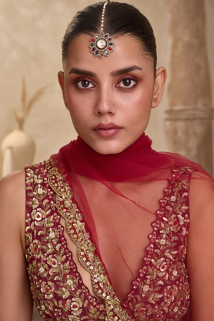 Gold Finish Kundan Polki & Shell Pearl Maangtikka by Paisley Pop at Pernia's Pop Up Shop