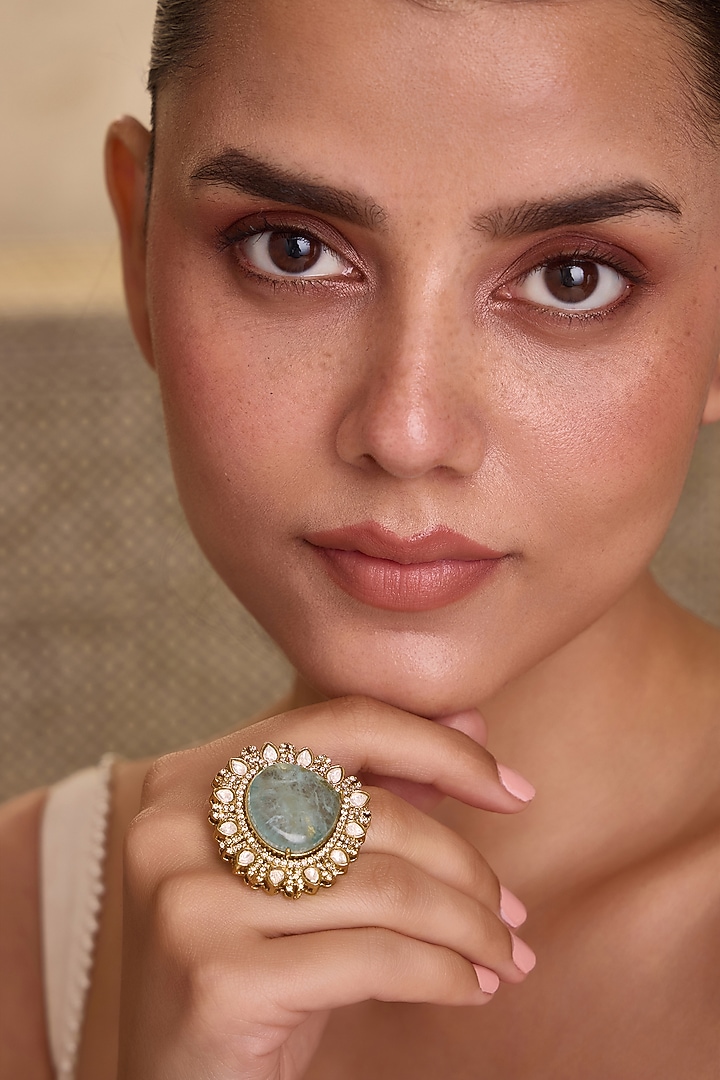 Gold Finish Kundan Polki & Aqua Doublet Stone Adjustable Ring by Paisley Pop at Pernia's Pop Up Shop