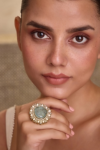 Gold Finish Kundan Polki & Aqua Doublet Stone Adjustable Ring by Paisley Pop