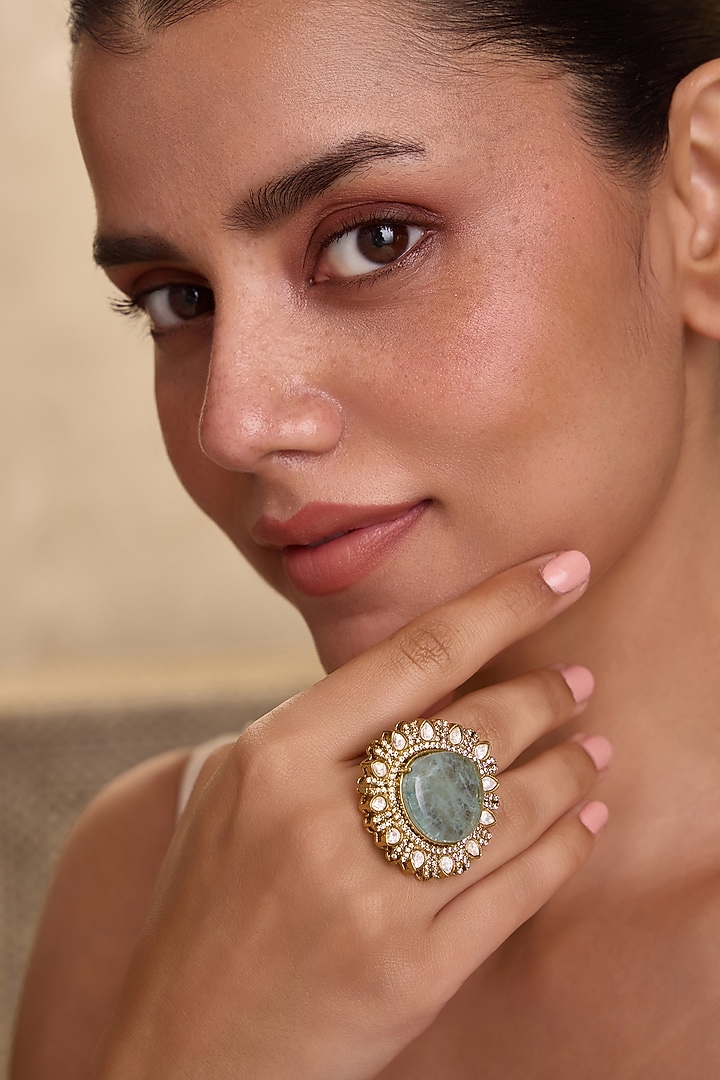 Gold Finish Kundan Polki & Aqua Doublet Stone Adjustable Ring by Paisley Pop at Pernia's Pop Up Shop