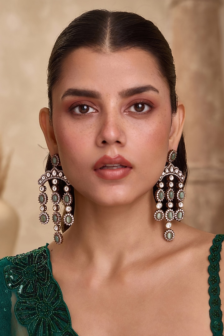 Gold Finish Kundan Polki & Green Jadau Stone Chandelier Earrings by Paisley Pop at Pernia's Pop Up Shop