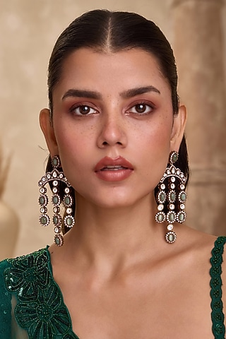 Gold Finish Kundan Polki & Green Jadau Stone Chandelier Earrings by Paisley Pop