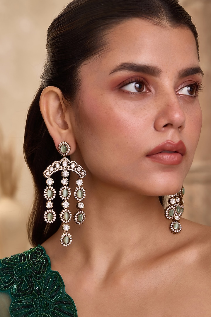 Gold Finish Kundan Polki & Green Jadau Stone Chandelier Earrings by Paisley Pop at Pernia's Pop Up Shop