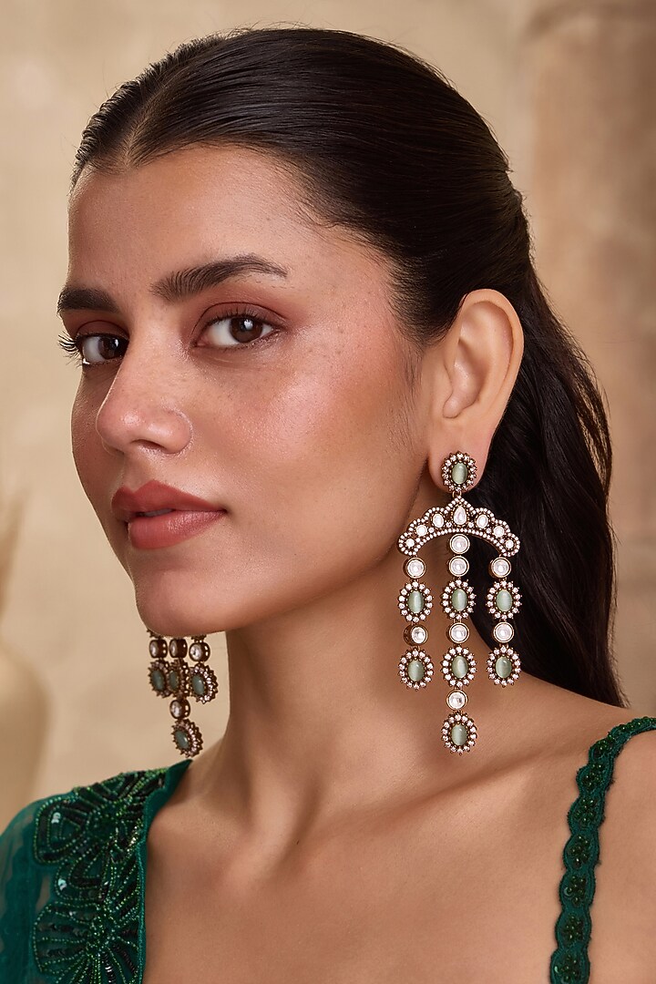 Gold Finish Kundan Polki & Green Jadau Stone Chandelier Earrings by Paisley Pop at Pernia's Pop Up Shop