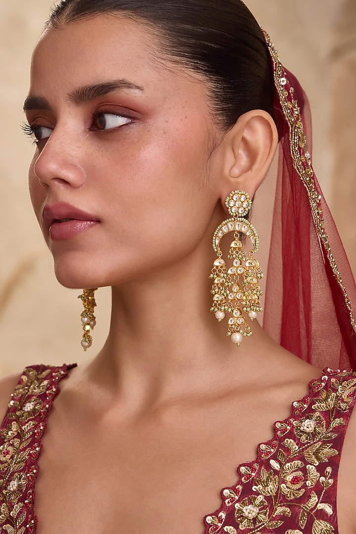 Gold Finish Kundan Polki & Mint Onyx Stone Chandelier Earrings by Paisley Pop at Pernia's Pop Up Shop