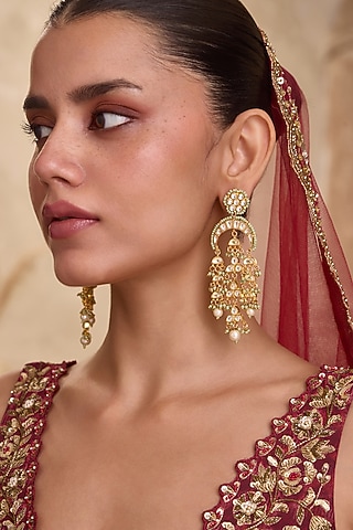 Gold Finish Kundan Polki & Mint Onyx Stone Chandelier Earrings by Paisley Pop