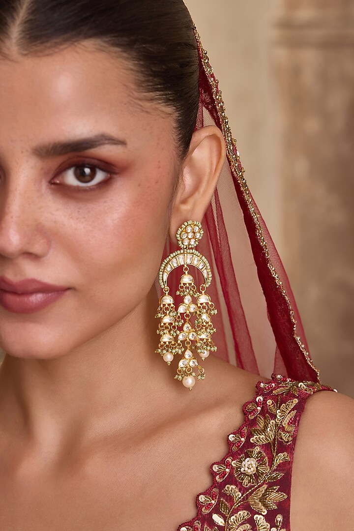 Gold Finish Kundan Polki & Mint Onyx Stone Chandelier Earrings by Paisley Pop at Pernia's Pop Up Shop