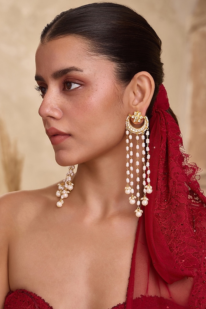 Gold Finish Kundan Polki & Kundan Polki Dangler Earrings by Paisley Pop at Pernia's Pop Up Shop