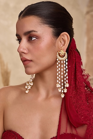 Gold Finish Kundan Polki & Kundan Polki Dangler Earrings by Paisley Pop