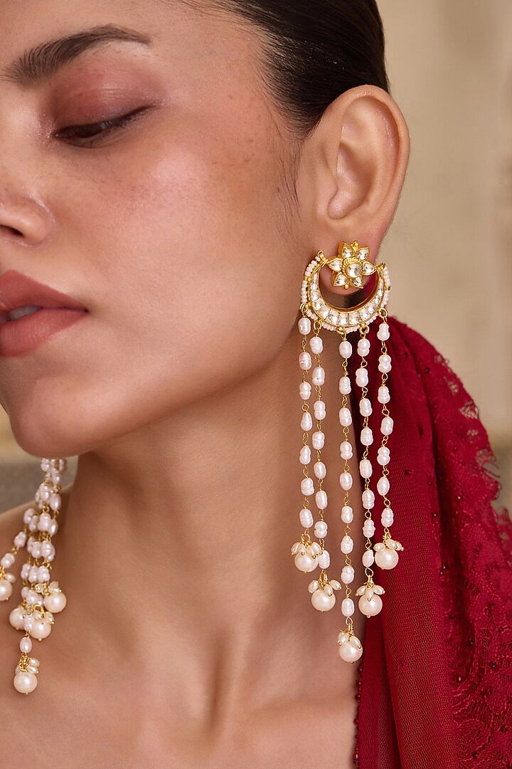 Gold Finish Kundan Polki & Kundan Polki Dangler Earrings by Paisley Pop at Pernia's Pop Up Shop