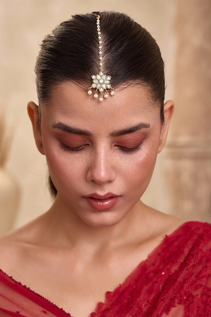 Gold Finish Kundan Polki & Pearl Drop Maangtikka by Paisley Pop at Pernia's Pop Up Shop