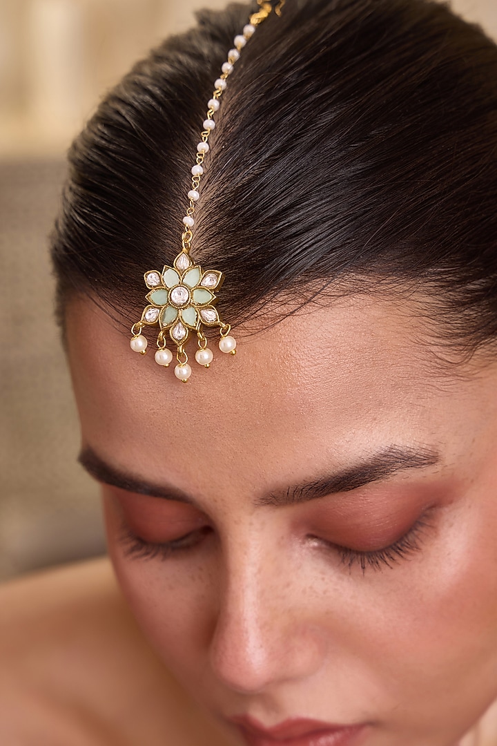 Gold Finish Kundan Polki & Pearl Drop Maangtikka by Paisley Pop at Pernia's Pop Up Shop
