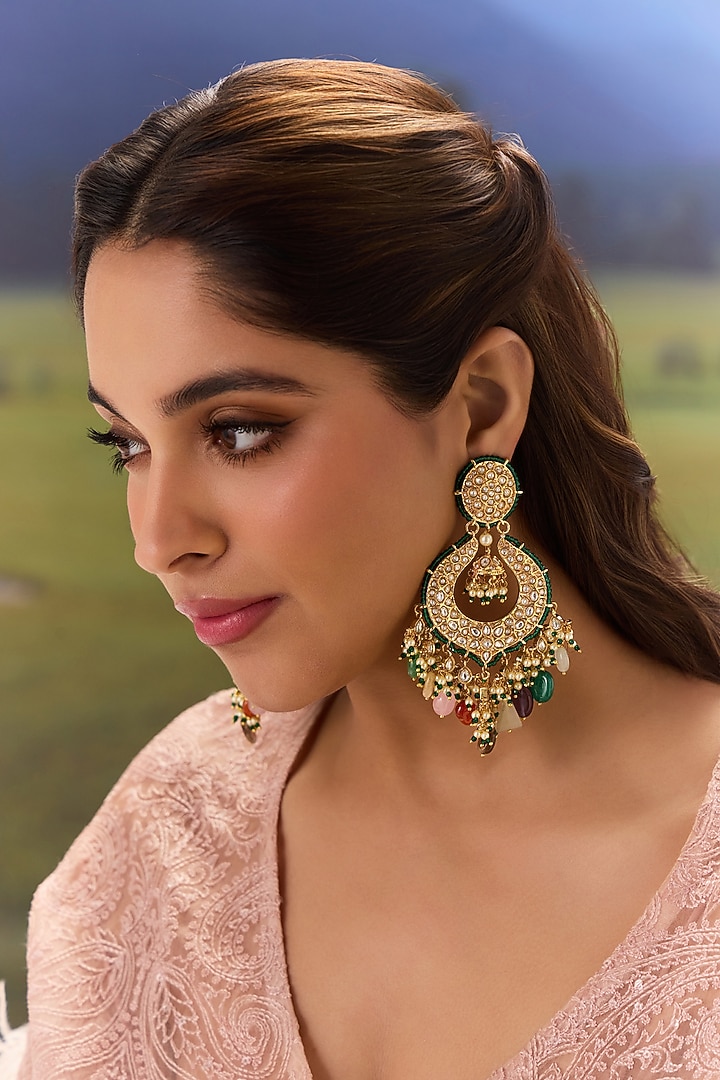Gold Plated Kundan Polki & Multi-Colored Stone Chandbali Earrings by Paisley Pop at Pernia's Pop Up Shop
