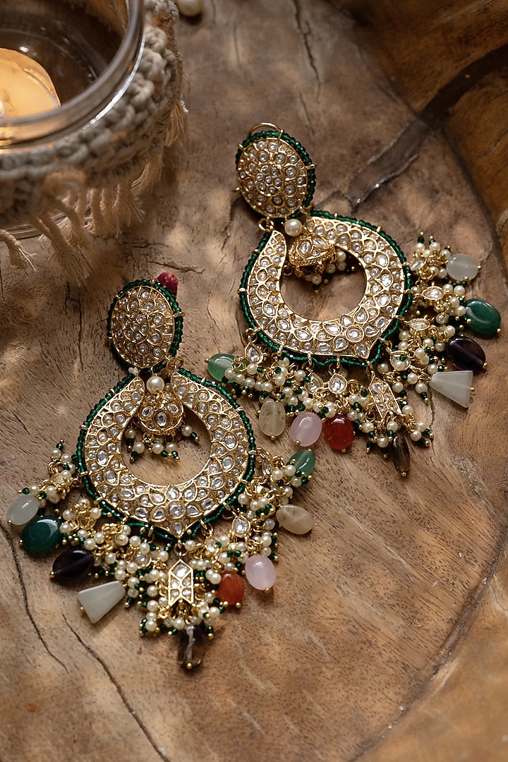 Gold Plated Kundan Polki & Multi-Colored Stone Chandbali Earrings by Paisley Pop at Pernia's Pop Up Shop