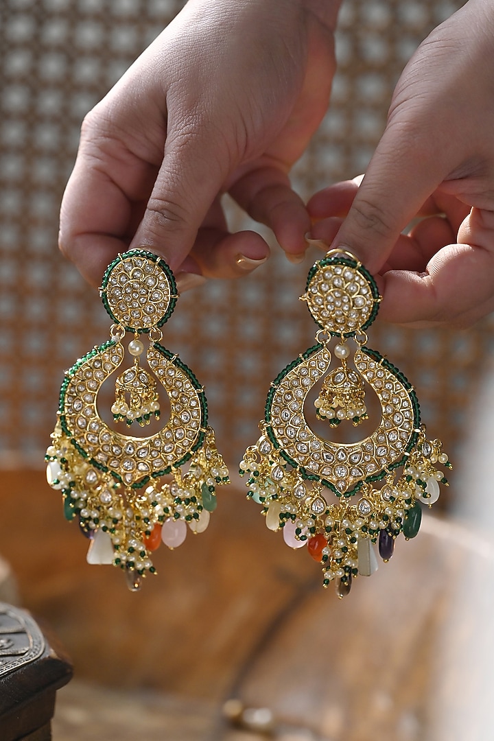 Gold Plated Kundan Polki & Multi-Colored Stone Chandbali Earrings by Paisley Pop at Pernia's Pop Up Shop