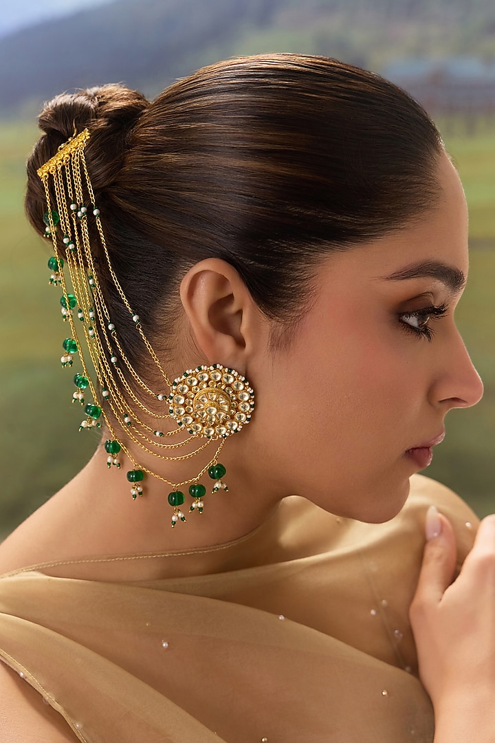 Gold Plated Kundan Polki & Green Stone Stud Earchains by Paisley Pop at Pernia's Pop Up Shop