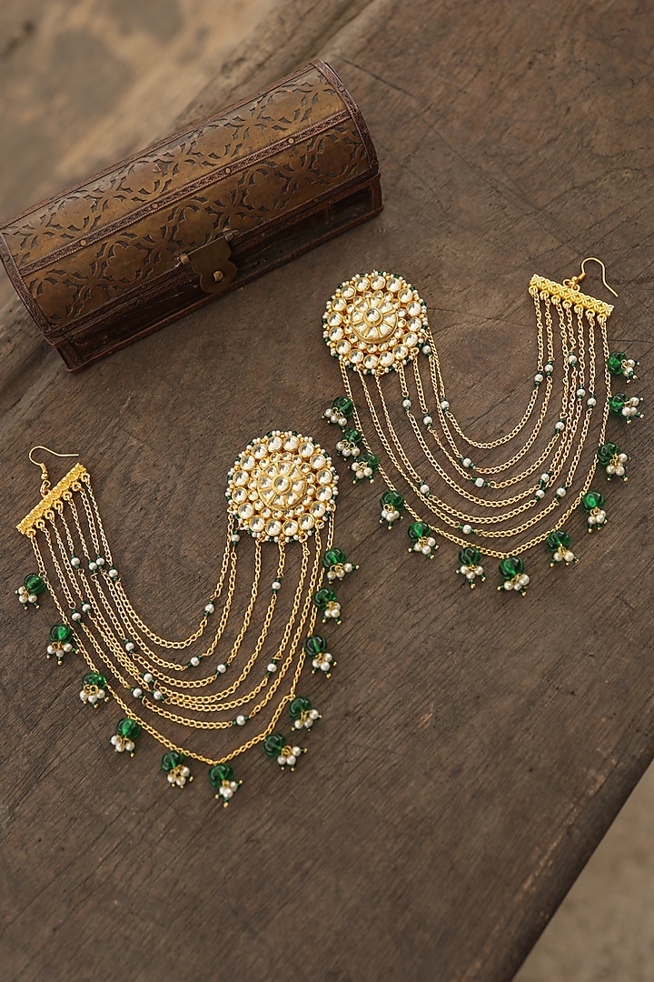 Gold Plated Kundan Polki & Green Stone Stud Earchains by Paisley Pop at Pernia's Pop Up Shop