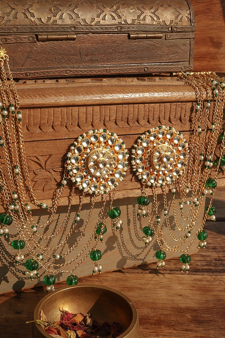 Gold Plated Kundan Polki & Green Stone Stud Earchains by Paisley Pop at Pernia's Pop Up Shop