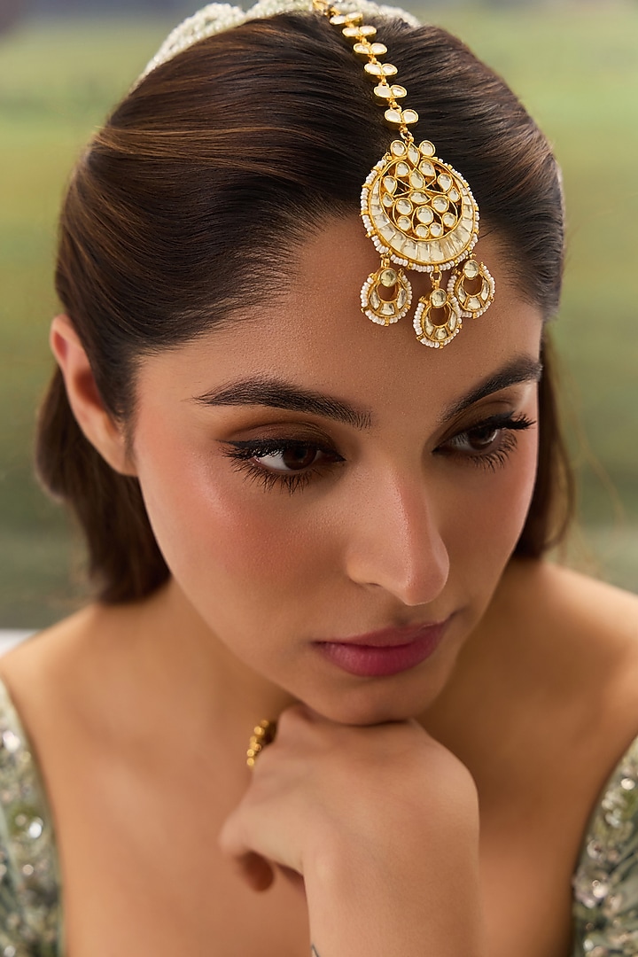 Gold Plated Kundan Polki & Pearl Maangtikka by Paisley Pop at Pernia's Pop Up Shop