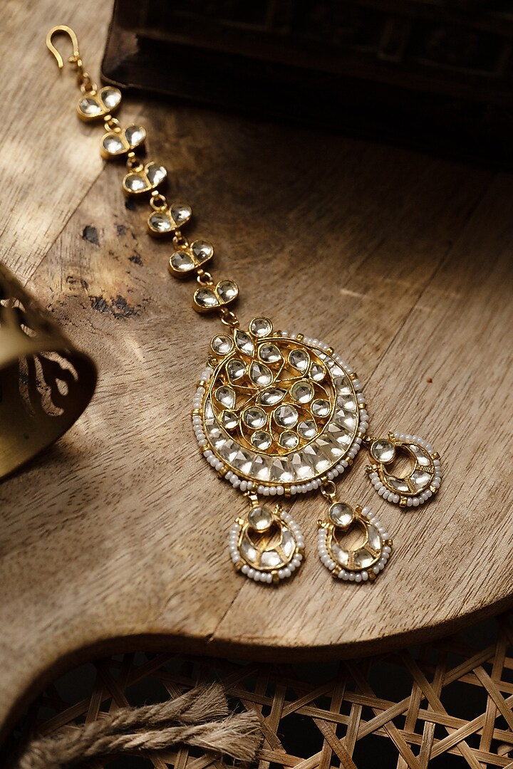 Gold Plated Kundan Polki & Pearl Maangtikka by Paisley Pop at Pernia's Pop Up Shop