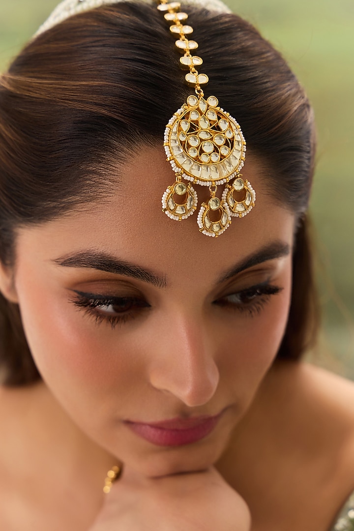 Gold Plated Kundan Polki & Pearl Maangtikka by Paisley Pop at Pernia's Pop Up Shop