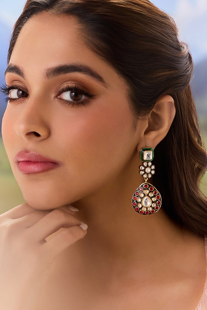 Gold Plated Kundan Polki Green Meenakari Dangler Earrings by Paisley Pop at Pernia's Pop Up Shop