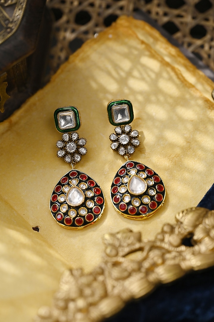 Gold Plated Kundan Polki Green Meenakari Dangler Earrings by Paisley Pop at Pernia's Pop Up Shop