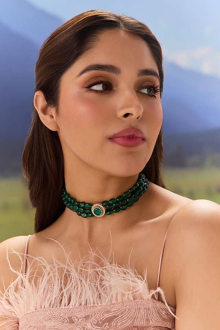 Gold Plated Jade Green Stone Choker Necklace by Paisley Pop at Pernia's Pop Up Shop