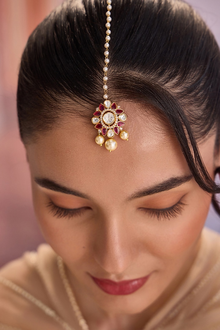Gold Plated Kundan Polki & Red Stone Maangtikka by Paisley Pop at Pernia's Pop Up Shop