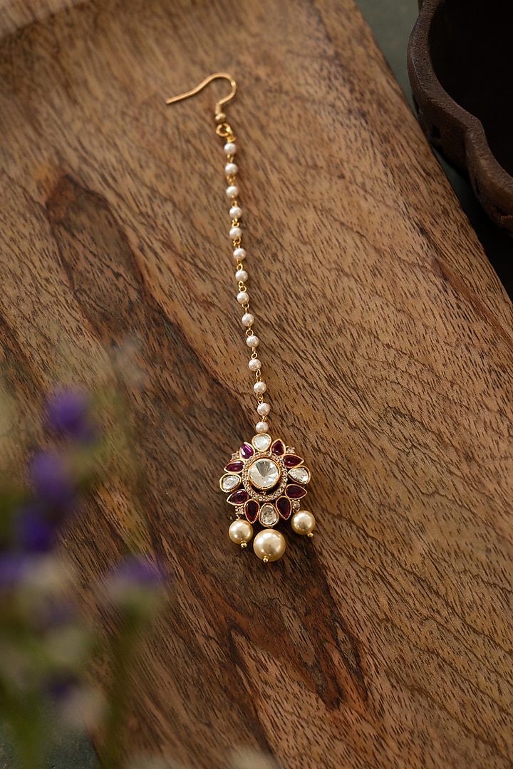 Gold Plated Kundan Polki & Red Stone Maangtikka by Paisley Pop at Pernia's Pop Up Shop