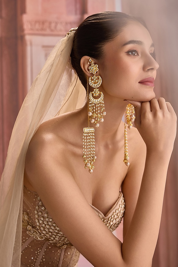 Gold Plated Kundan Polki & Blush Pink Beaded Statement Earrings by Paisley Pop at Pernia's Pop Up Shop