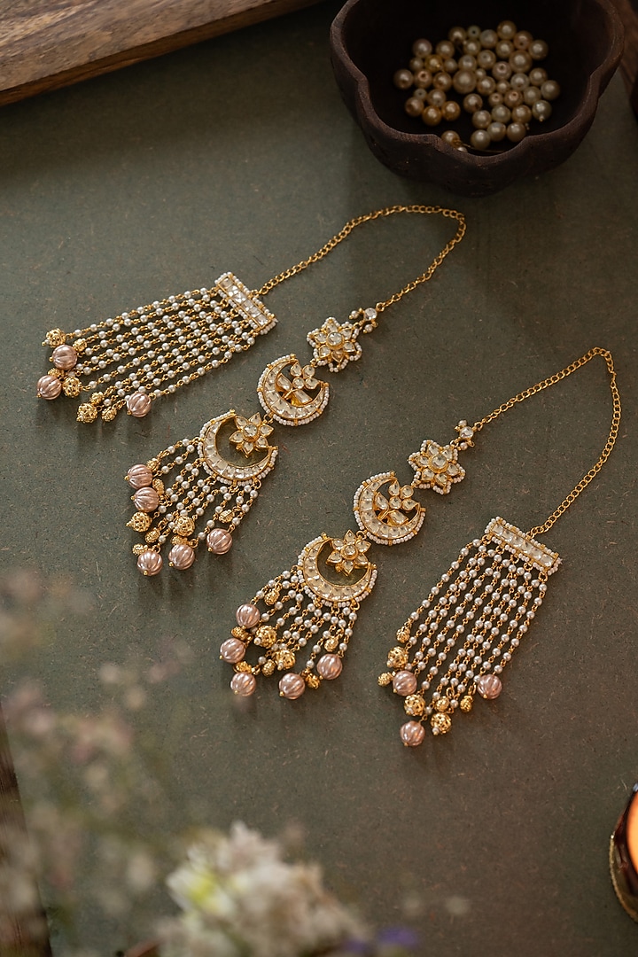 Gold Plated Kundan Polki & Blush Pink Beaded Statement Earrings by Paisley Pop at Pernia's Pop Up Shop