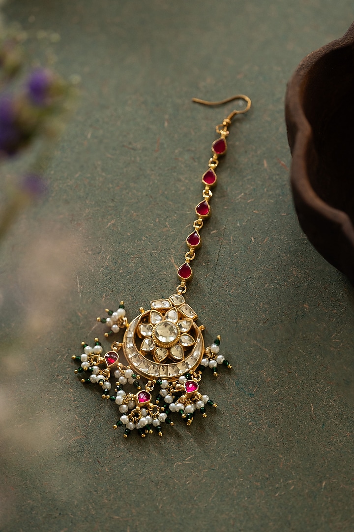 Gold Plated Kundan Polki & Multi-Colored Stone Maangtikka by Paisley Pop at Pernia's Pop Up Shop
