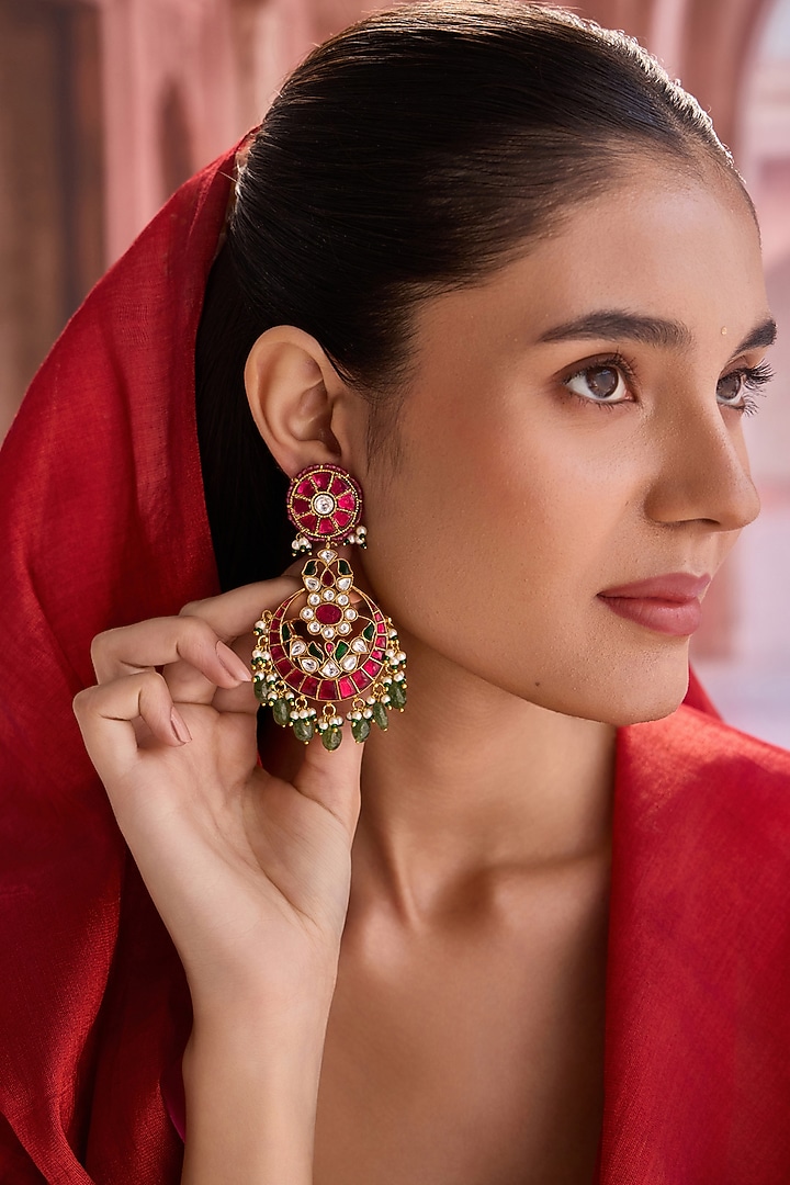 Gold Plated Kundan Polki & Red Stone Dangler Earrings by Paisley Pop at Pernia's Pop Up Shop