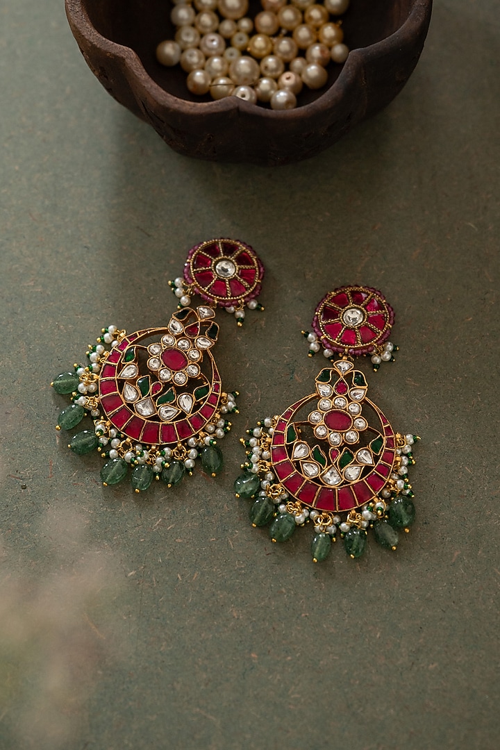 Gold Plated Kundan Polki & Red Stone Dangler Earrings by Paisley Pop at Pernia's Pop Up Shop