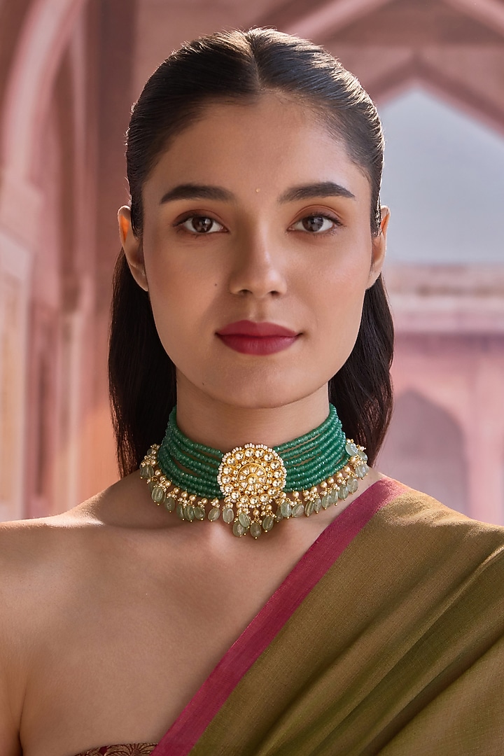 Gold Plated Kundan Polki & Green Stone Choker Necklace by Paisley Pop at Pernia's Pop Up Shop
