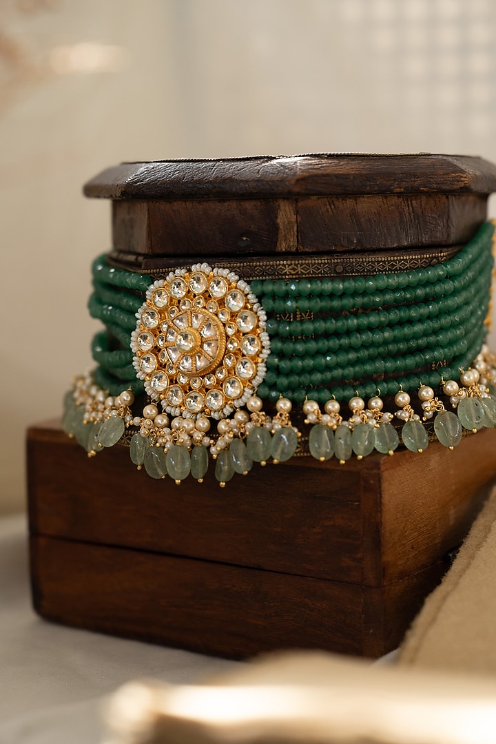 Gold Plated Kundan Polki & Green Stone Choker Necklace by Paisley Pop at Pernia's Pop Up Shop